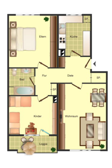 Beispiel-Grundriss unserer Mietwohnungen in Düren 3 Zimmer