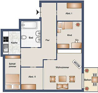 5-Zimmer-Wohnung mit Küche, Bad und Balkon