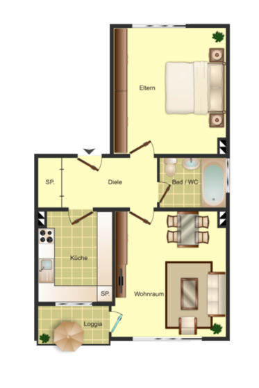 Beispiel-Grundriss unserer Mietwohnungen in Düren 2 Zimmer