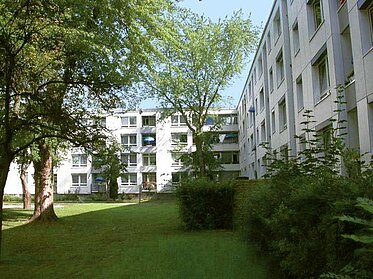 Grünanlage und Rückansicht eines unserer Mietobjekte in Düsseldorf-Garath