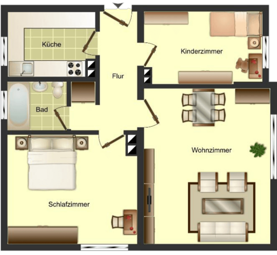 Beispiel-Grundriss unserer Mietwohnungen in Ahaus Bahnhofstraße 2 Zimmer