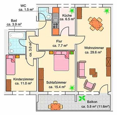 Beispiel-Grundriss unserer Mietwohnungen in Leverkusen-Steinbüchel 3