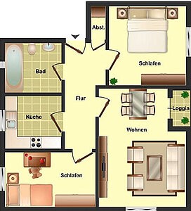 3-Zimmer-Wohnung mit Küche, Bad und keinem Abstellraum