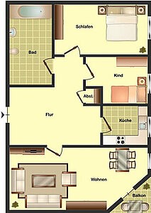 3-Zimmer-Wohnung mit großem Flur, Küche, Bad und kleinem Eckbalkon